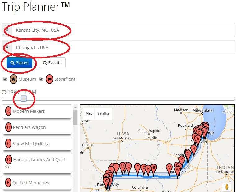 Search example for Quilter's Trip Planner on QuiltingHub.com